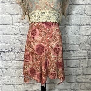 Y2K rose motif mesh fabric elastic waist hanky hem skirt